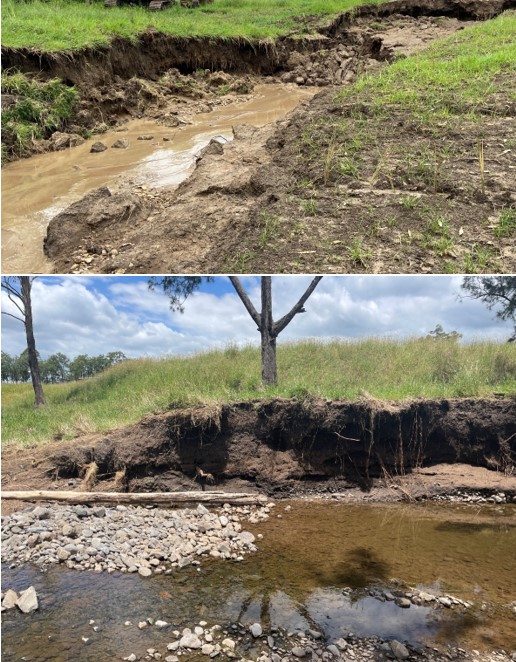 two photos of eroded gullies