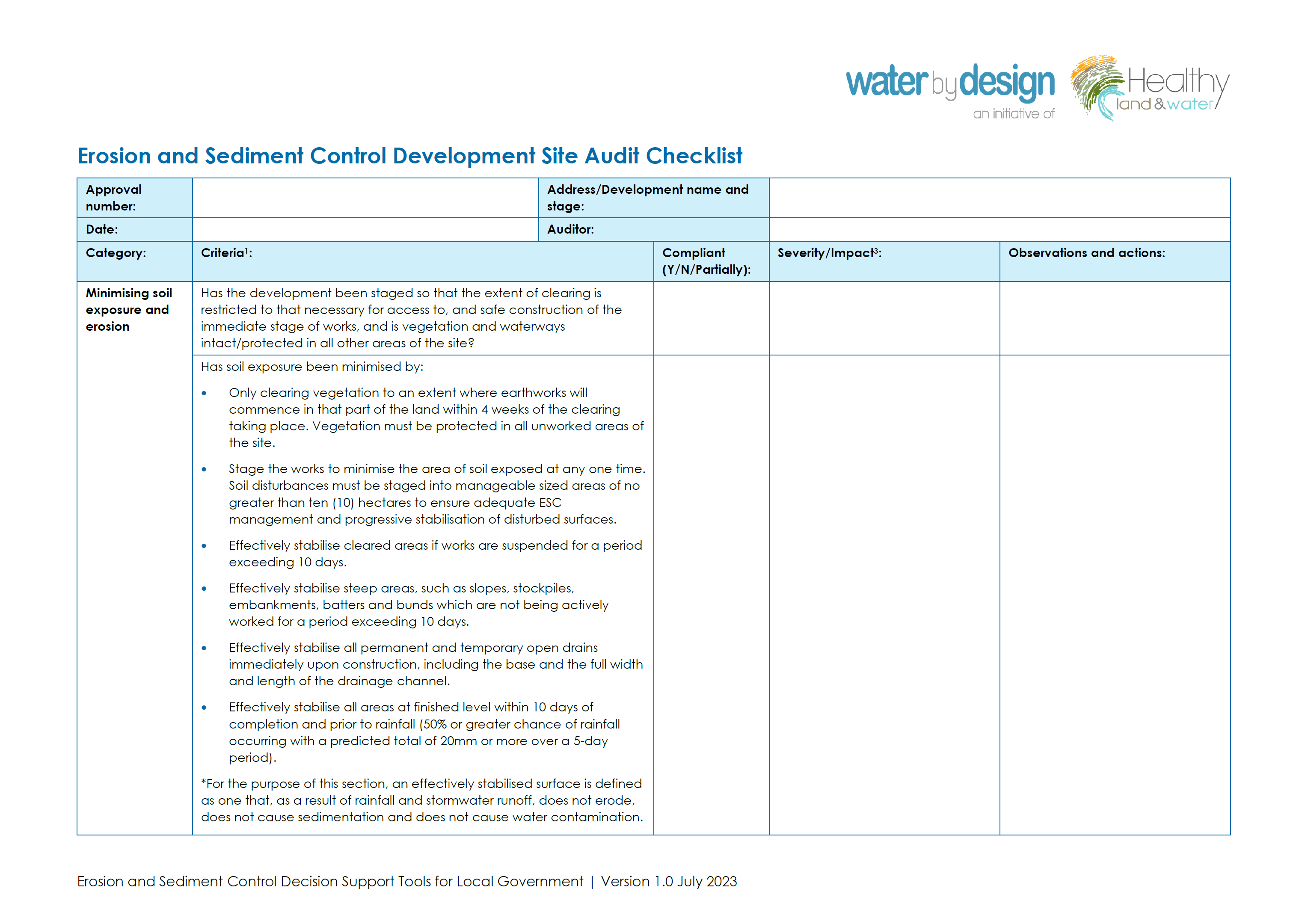 Erosion and Sediment Control Development Site Audit Checklist (2023)